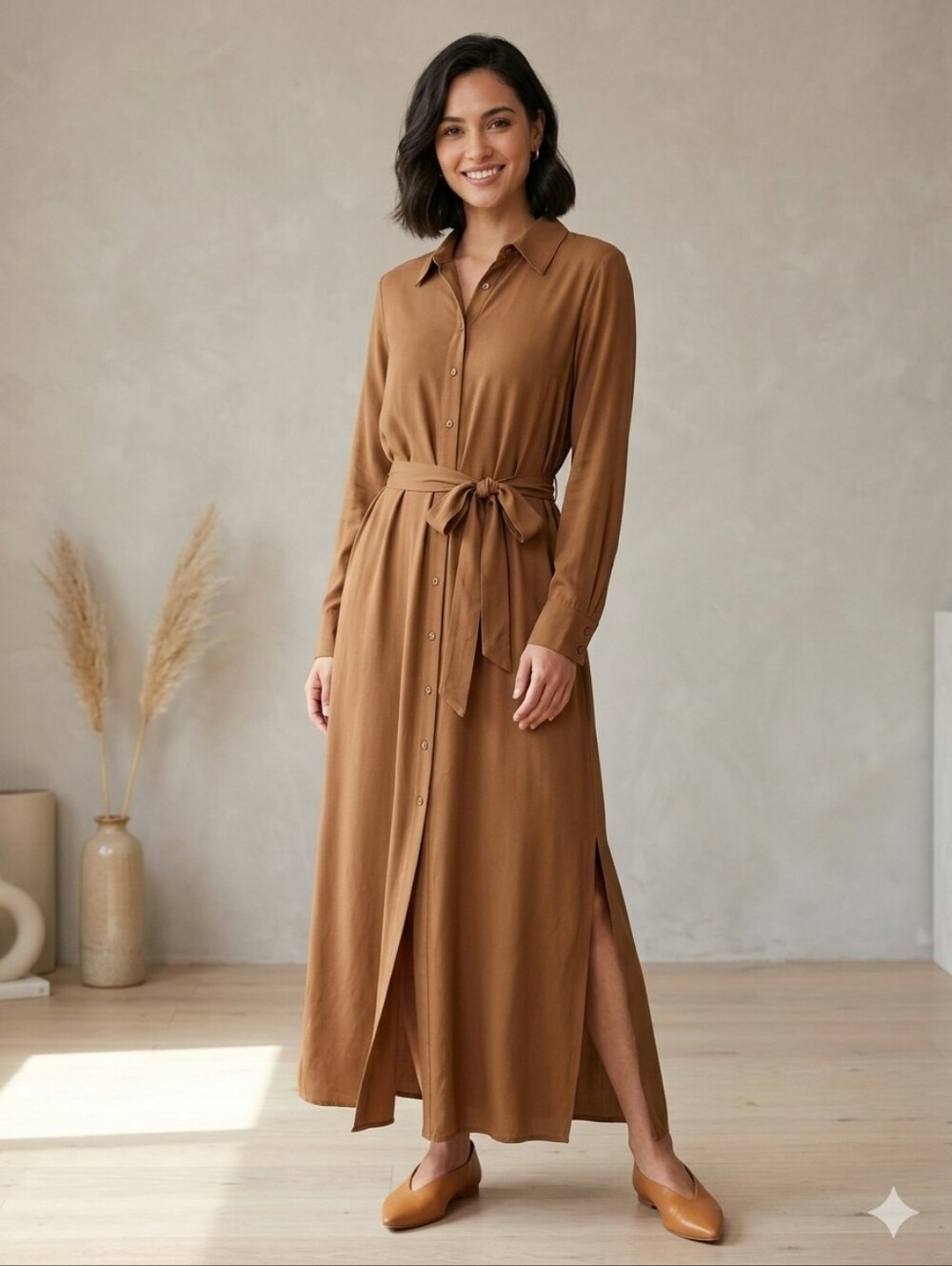 Whimsy + Row Brown Buttoned Long Sleeve Shirt Dress - Picture 1 of 8